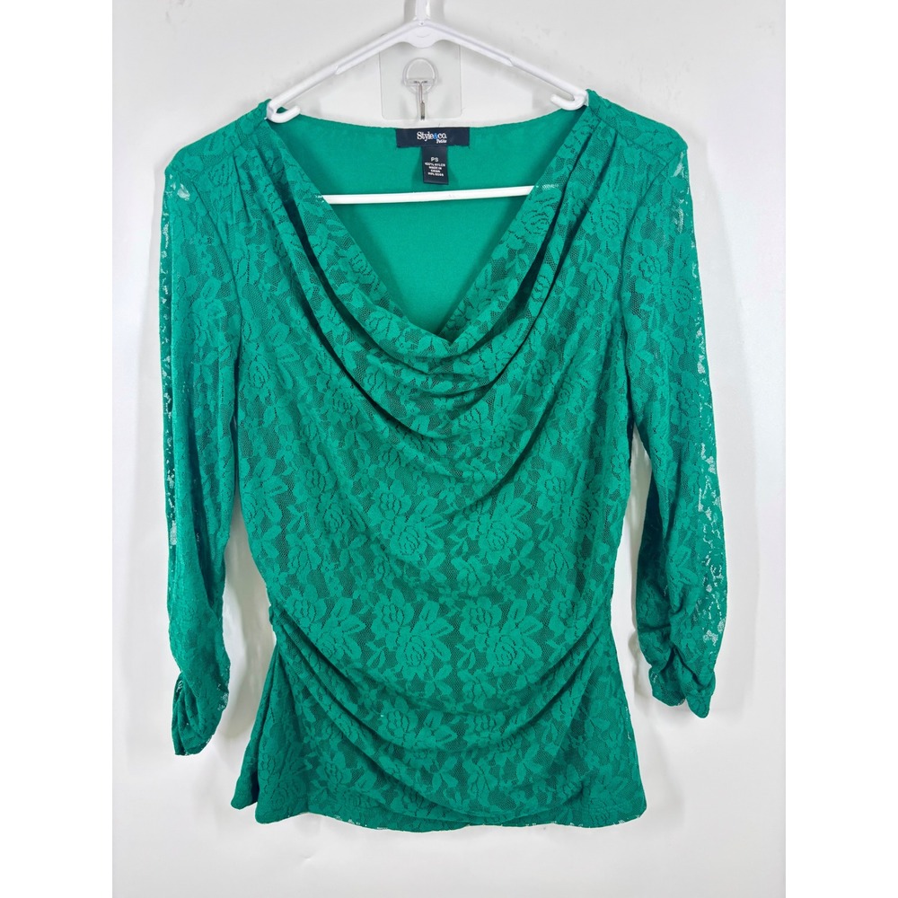Style & Co Office Green Floral Lace Cowl Neck Career Ruched 3/4 Sleeve Blouse S